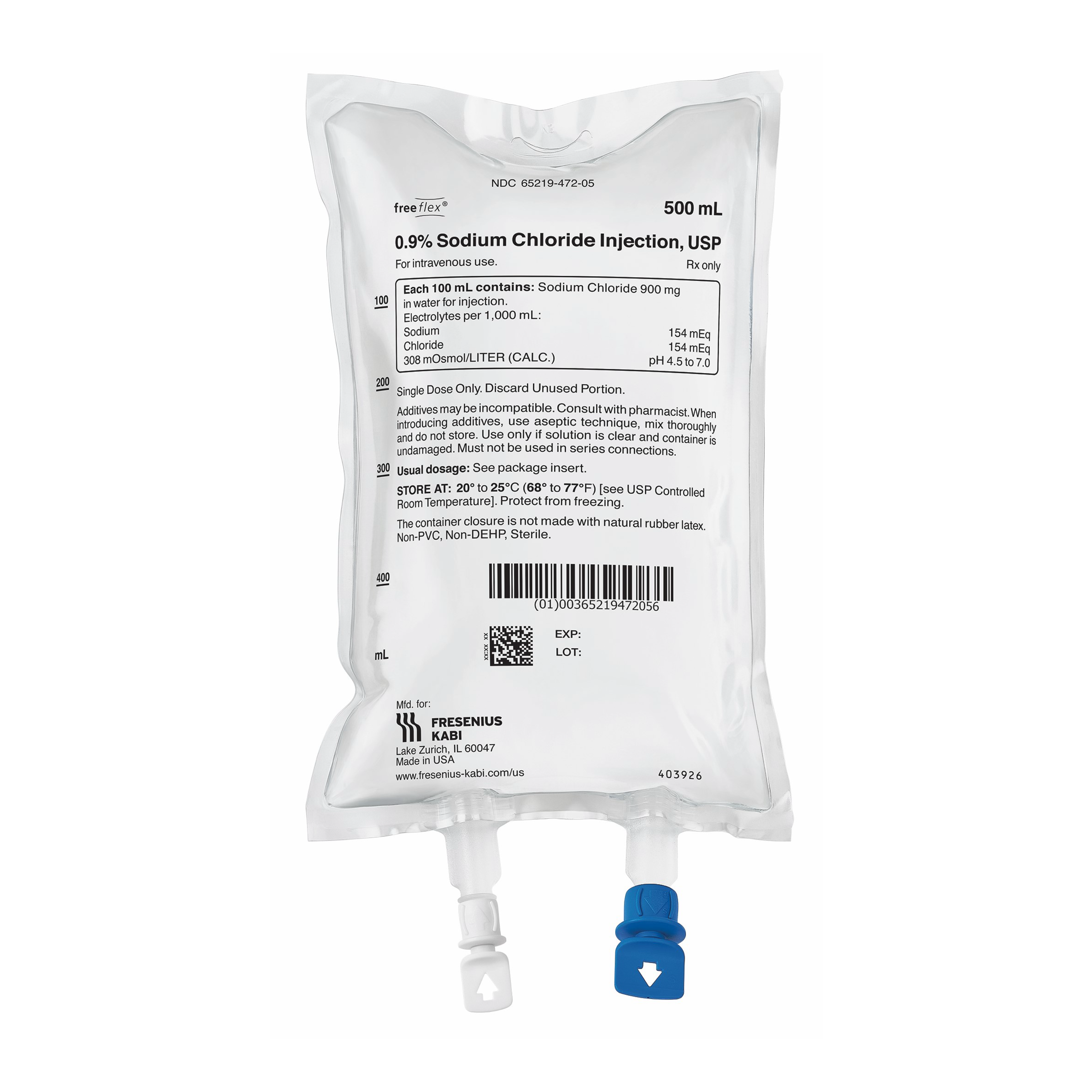 Sodium Chloride 0.9% 500ml Single Dose Freeflex® Bag - PF - Box/20